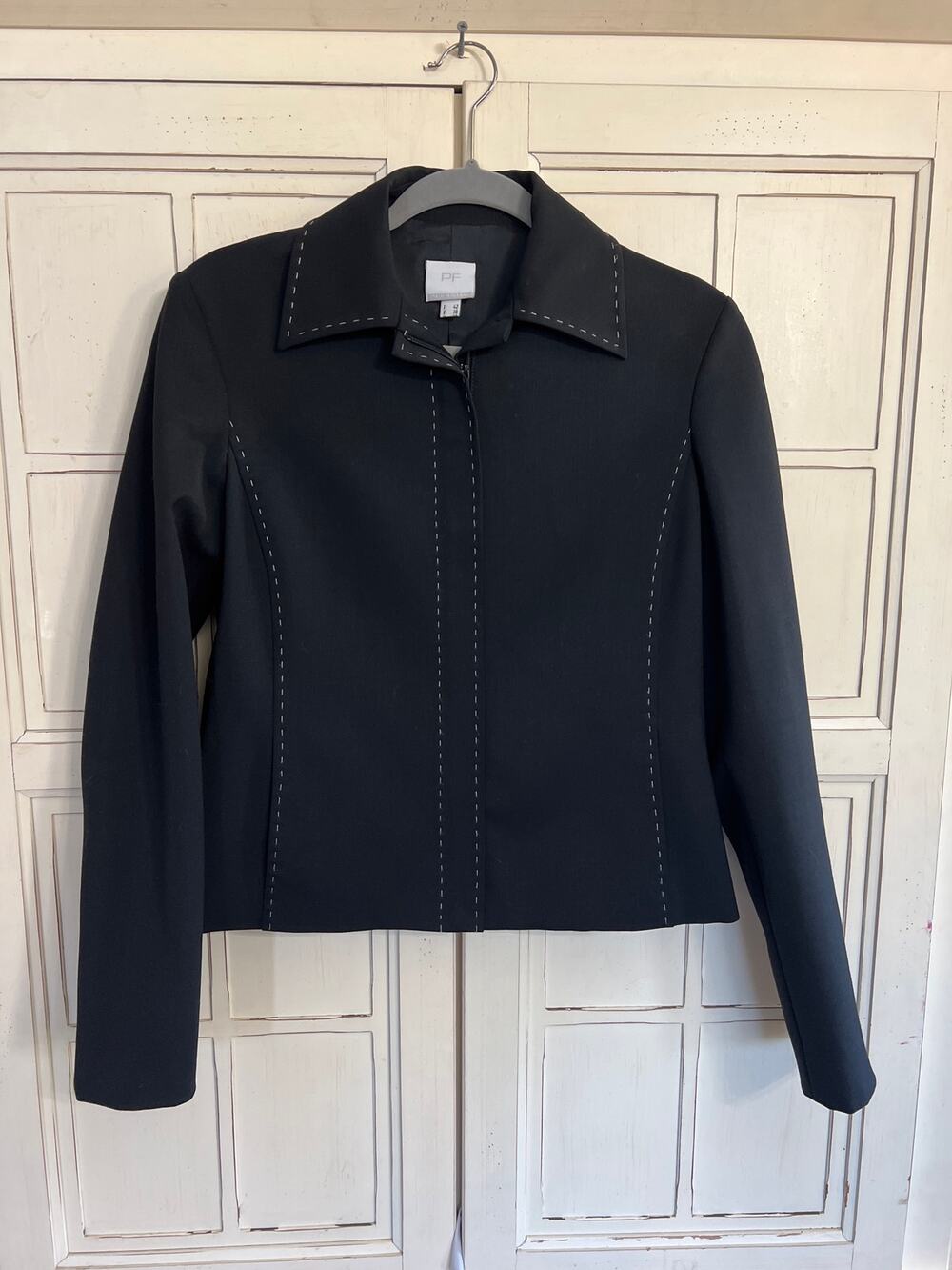 Paola Frani size 8 black zip up jacket or blazer with white stitching detail